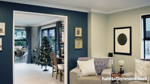 lounge, living room, blue lounge, blue feature wall, blue living room, resene cello
