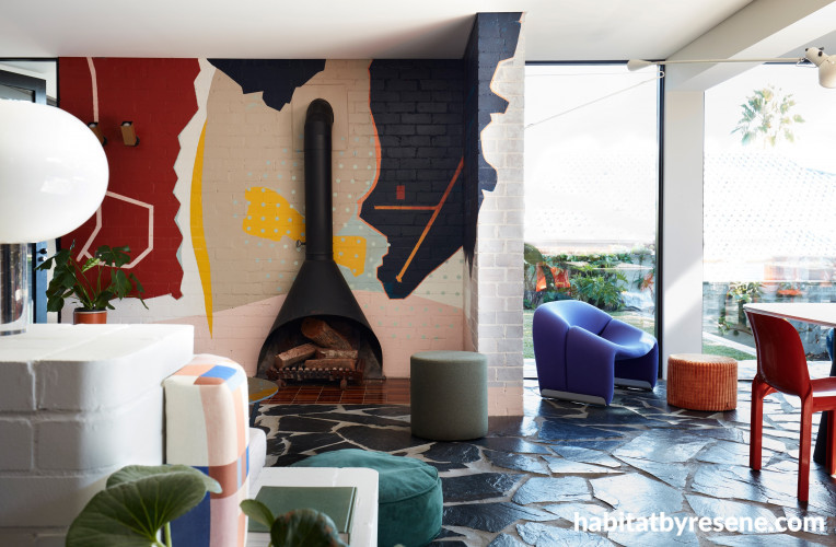 living room, lounge, fireplace, feature wall, living room mural, colourful lounge