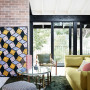 lounge, living room, brick interior, black and white, black trim