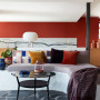 living room, kitchen, lounge, red lounge, red living room, colourful lounge