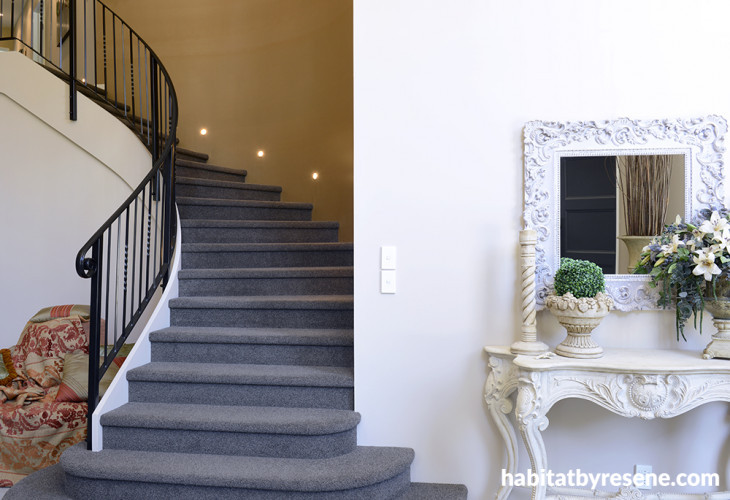 entranceway, stairwell, hallway, white entranceway, copper wall, metallic paint, gold wall