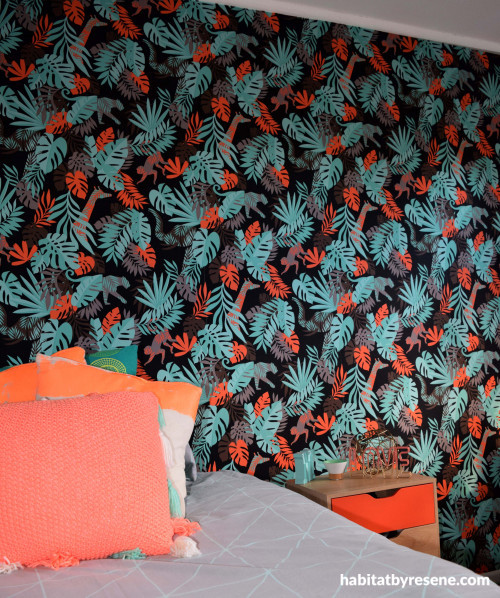 bedroom, kids bedroom, childrens bedroom, feature wall, feature wallpaper, jungle print wallpaper