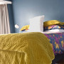 master bedroom, bedroom, blue bedroom, dark blue walls, deep blue, mustard throw