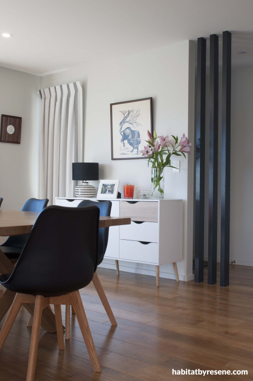 Resene Double Merino, white paint, interior, dining room, floors, colourful furnishings