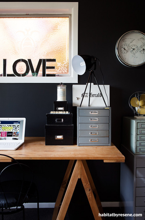 industrial, vintage, study, feature wall, black paint, desk