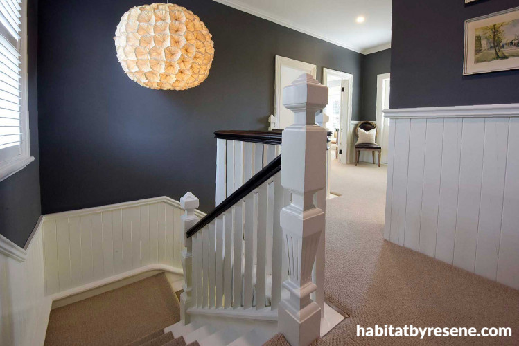 blue, hallway, dark blue, villa, resene wireless