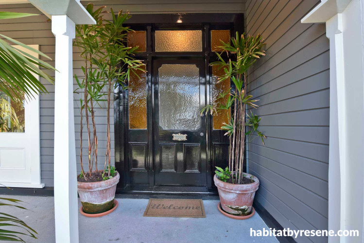 villa, grey, exterior, front door, resene albescent white, resene wireless, resene half baltic sea