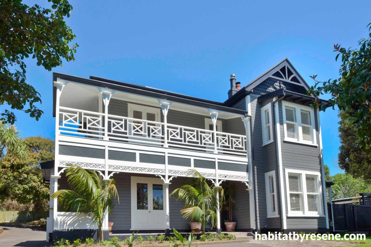 villa, grey, exterior, two-storey, resene albescent white, resene wireless, resene half baltic sea