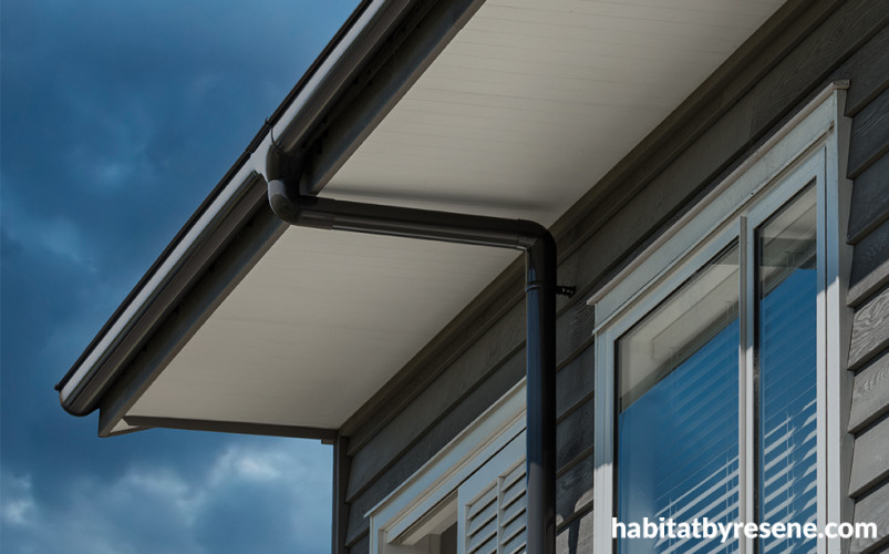 black house, house exterior, black downpipes, cedar weatherboards, stained weatherboards