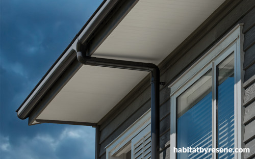 black house, house exterior, black downpipes, cedar weatherboards, stained weatherboards