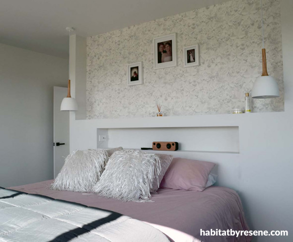 master bedroom, bedroom, wallpaper feature wall, white bedroom, natural tones 