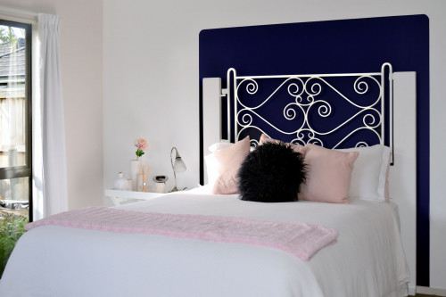 blue feature wall, master bedroom renovation, bedroom ideas, blue paint ideas, resene bullitt