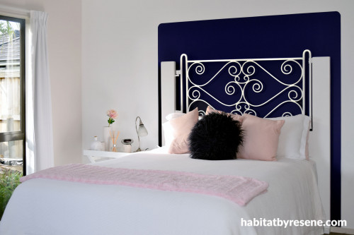 blue feature wall, master bedroom renovation, bedroom ideas, blue paint ideas, resene bullitt
