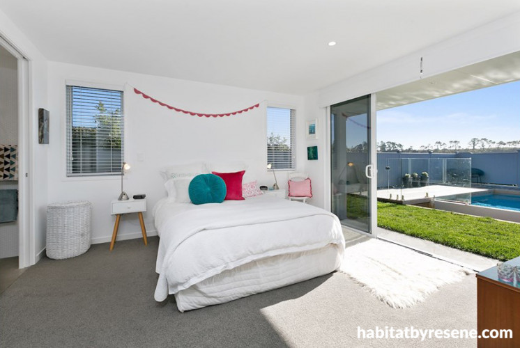 White, master bedroom, wallpaper, paint, interior, sliding door, grey, light