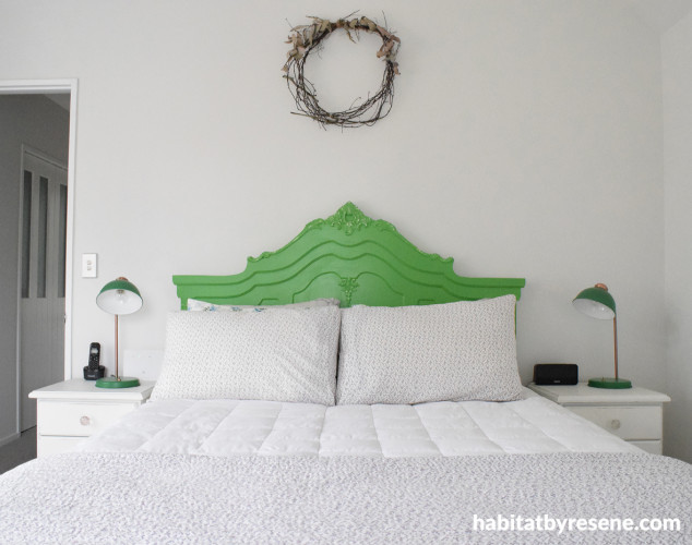 bedroom, headboard, feature headboard, green headboard, white bedroom, upcycling