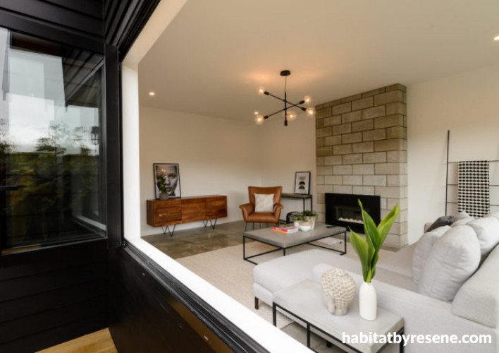 black exterior, resene black, resene alabaster, white walls, scandi design, lounge, living room