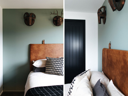 bedroom, green bedroom, green feature wall, resene smoky green, spare bedroom, feature headboard