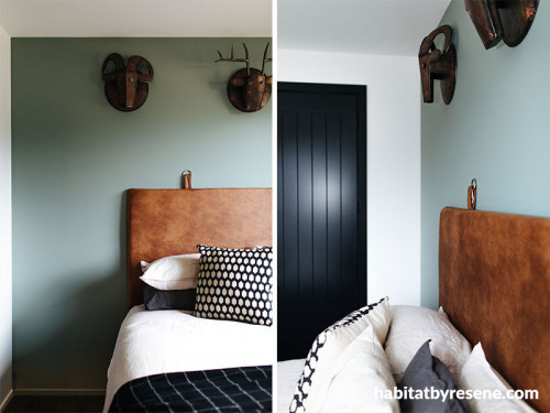 bedroom, green bedroom, green feature wall, resene smoky green, spare bedroom, feature headboard