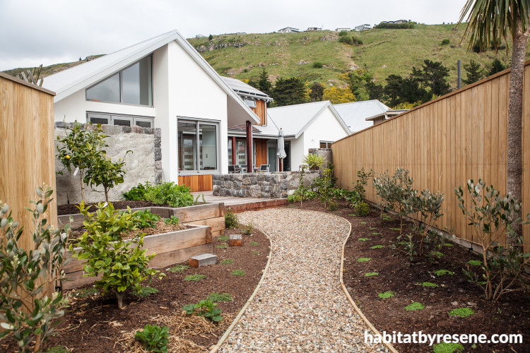 bungalow, exterior, cedar cladding, stone exterior, white house, garden 