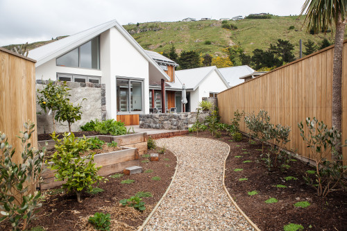 bungalow, exterior, cedar cladding, stone exterior, white house, garden