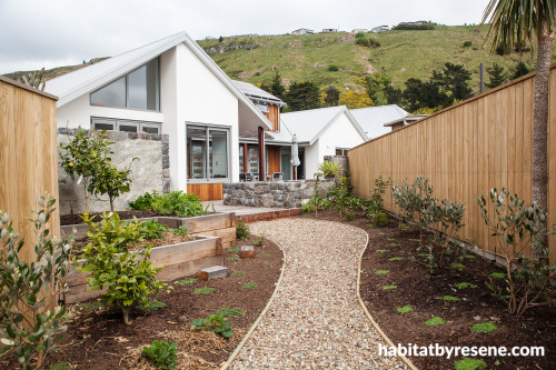 bungalow, exterior, cedar cladding, stone exterior, white house, garden 