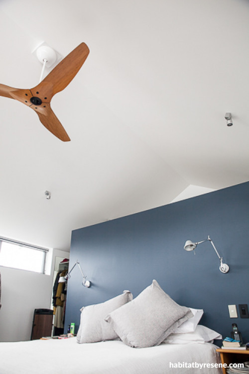 bedroom, blue and white bedroom, blue paint, feature wall, interior