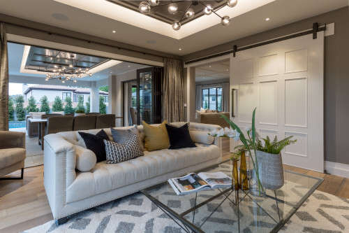 home cinema, tv room, lounge, living room, grey lounge, neutral lounge, barn door, grey interior