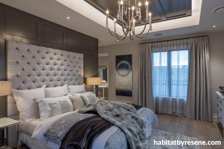master bedroom, neutral bedroom, neutral master bedroom, grey feature wall, grey bedroom