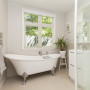 bathroom, white bathroom, neutrals, beige bathroom, clawfoot bath