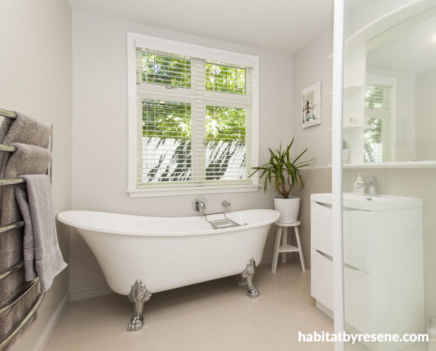 bathroom, white bathroom, neutrals, beige bathroom, clawfoot bath