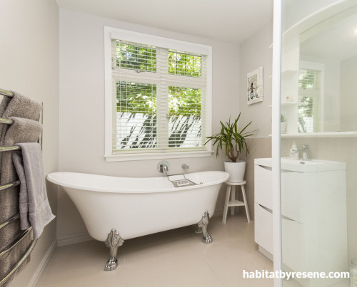 bathroom, white bathroom, neutrals, beige bathroom, clawfoot bath
