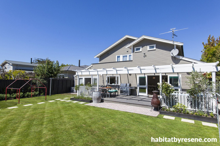 house exterior, garden, backyard, brown house, brown exterior, outdoor dining area