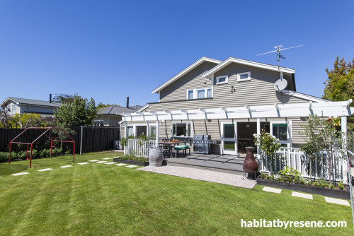 house exterior, garden, backyard, brown house, brown exterior, outdoor dining area
