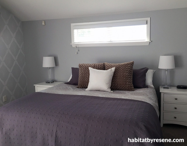 master bedroom, main bedroom, grey bedroom, grey wallpaper, patterned wallpaper