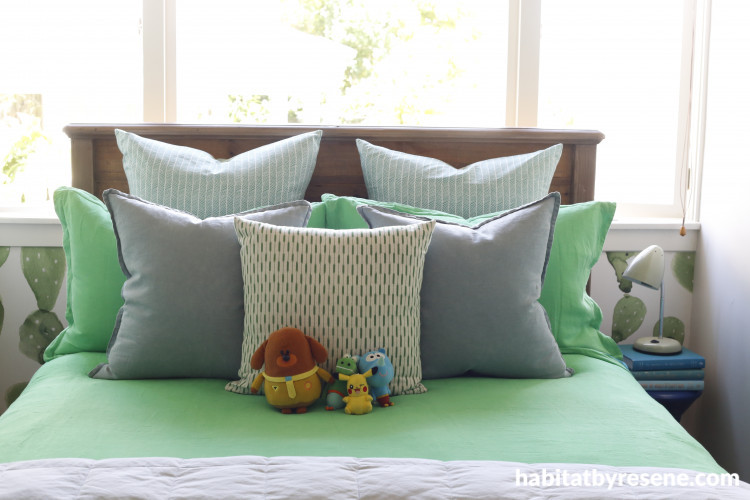 Bedroom, Kids room, Children room inspiration, green, neutrals, Resene