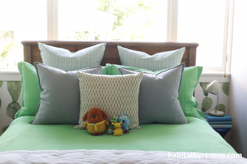 Bedroom, Kids room, Children room inspiration, green, neutrals, Resene