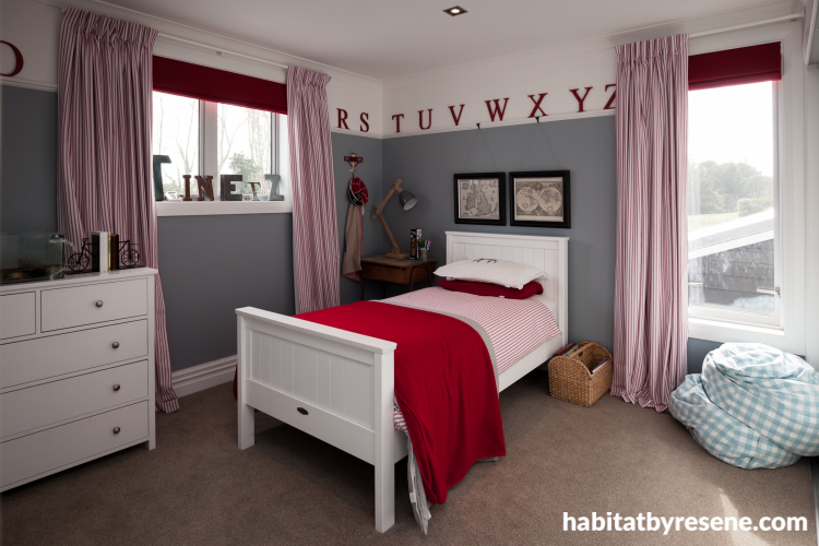 boy's bedroom, blue, cloudy blue, red accents