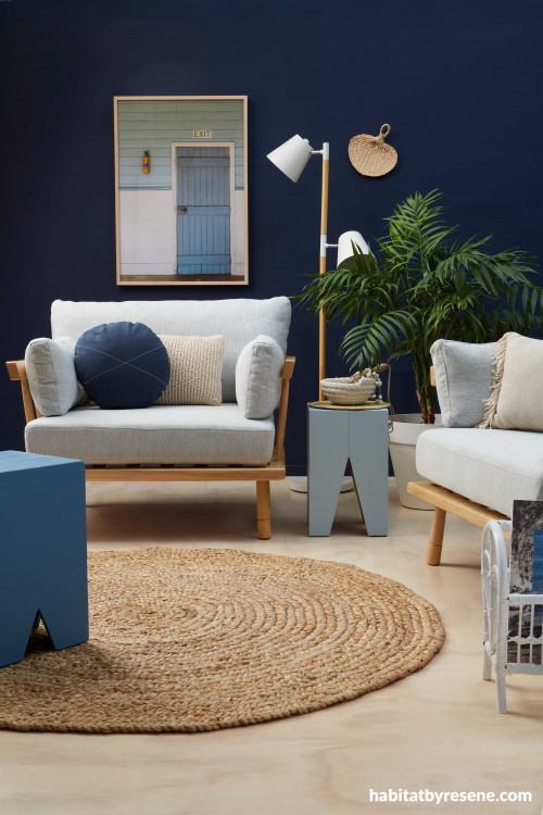 blue lounge, blue living room, blue feature wall, dark blue interior, resene indian ink