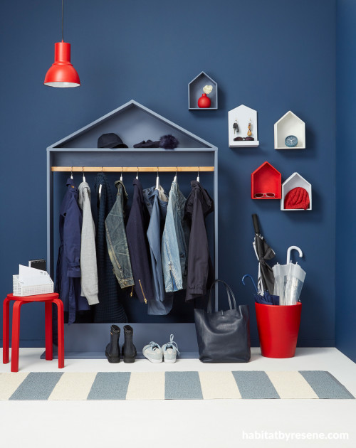 mudroom, mudroom storage, house shaped closet, blue mudroom, house shaped mudroom, red