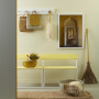 yellow mudroom, yellow entranceway, yellow bench seat, resene moonlight, upcycled benchseat