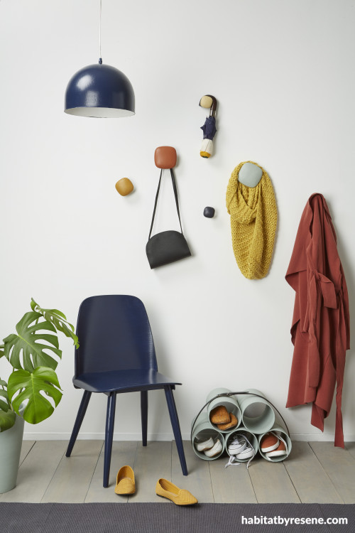 mudroom, entranceway, colourful mudroom, painted coat hooks, resene alabaster