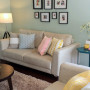 living room, lounge, interior design, pastel teal paint 