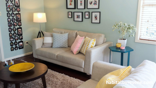 living room, lounge, interior design, pastel teal paint 