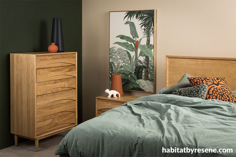 neutrals, green, bedroom, jungle bedroom inspiration, tropical bedroom, orange, Resene