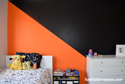 orange feature wall, orange and black, kids room, boys room, resene adrenalin, resene all black