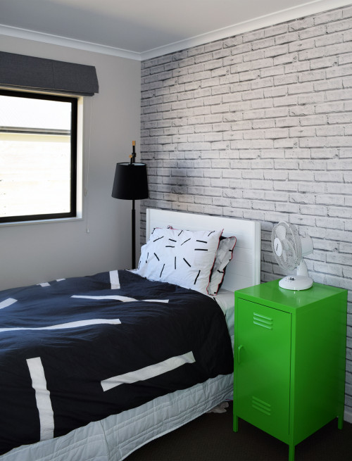 kids bedroom, childs bedroom, boys bedroom, brick wallpaper