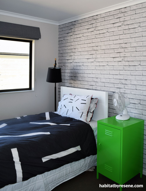 kids bedroom, childs bedroom, boys bedroom, brick wallpaper