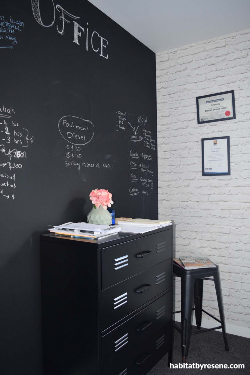 home office, study, black feature wall, blackboard paint, monochromatic, black and white study 