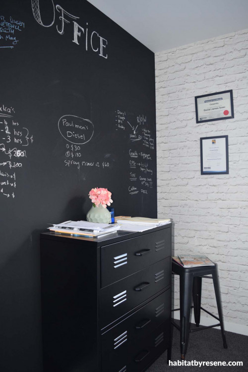 home office, study, black feature wall, blackboard paint, monochromatic, black and white study