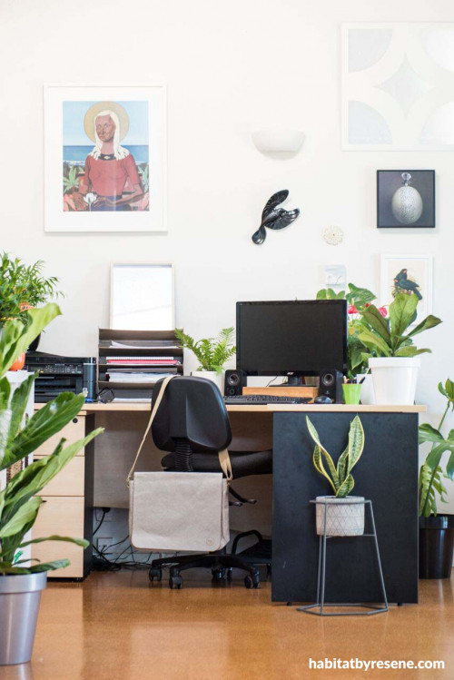home office, study, white study, black and white, indoor plants, botanical inspired